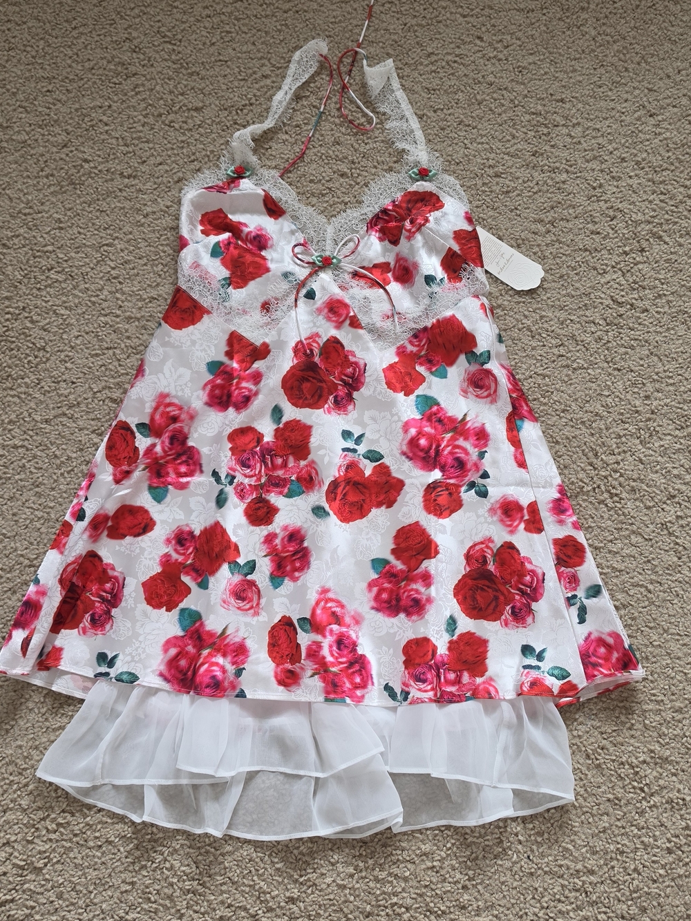 Lost + Wander White Satin Slip Dress with Red and Pink Rose Print